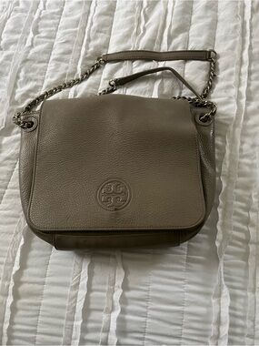 Tory Burch Taupe Pebbled Leather Shoulder Bag with Chain Strap